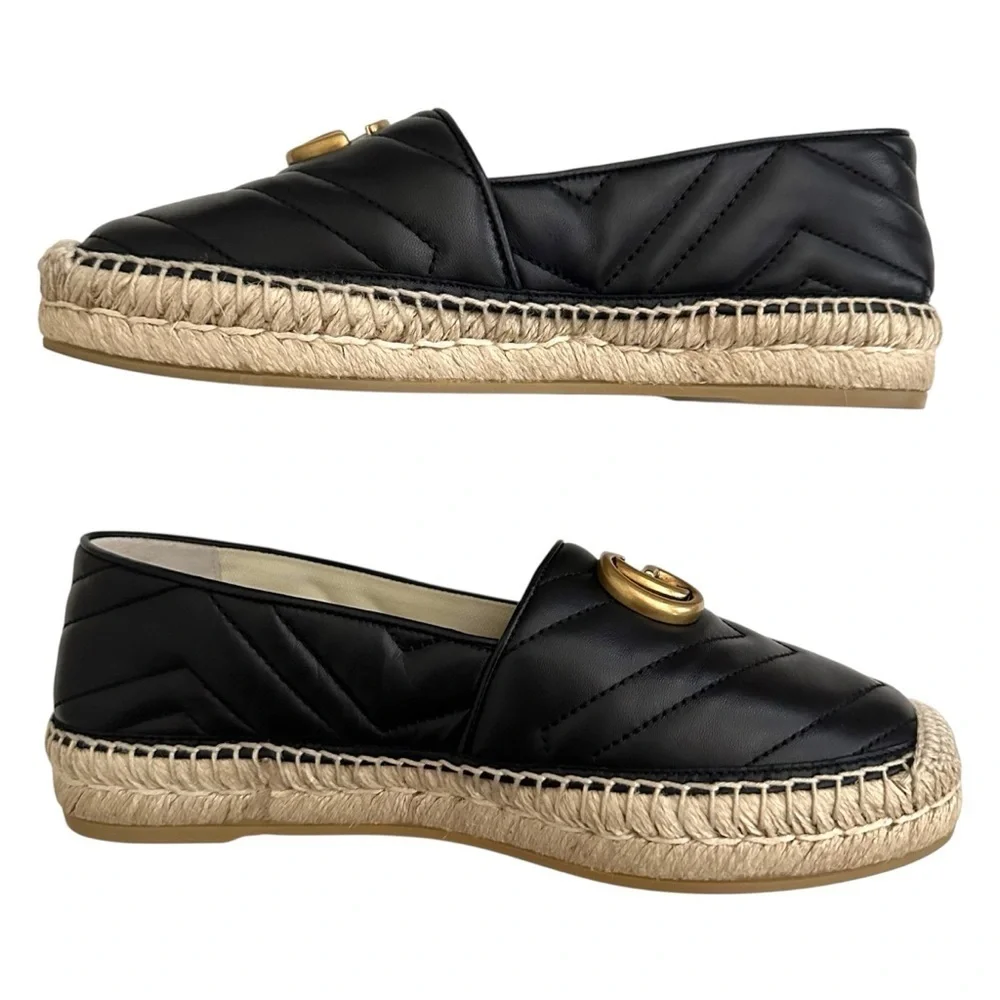 Gucci Nappa Quilted Charlotte GG Marmont Espadrilles in Black 37.5 | US 7.5
